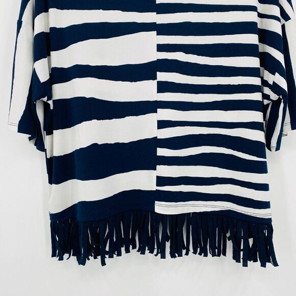 Chico's Size 0 Small Navy & White Striped Fringed Boxy Short Sleeve Blouse Top - Picture 8 of 9